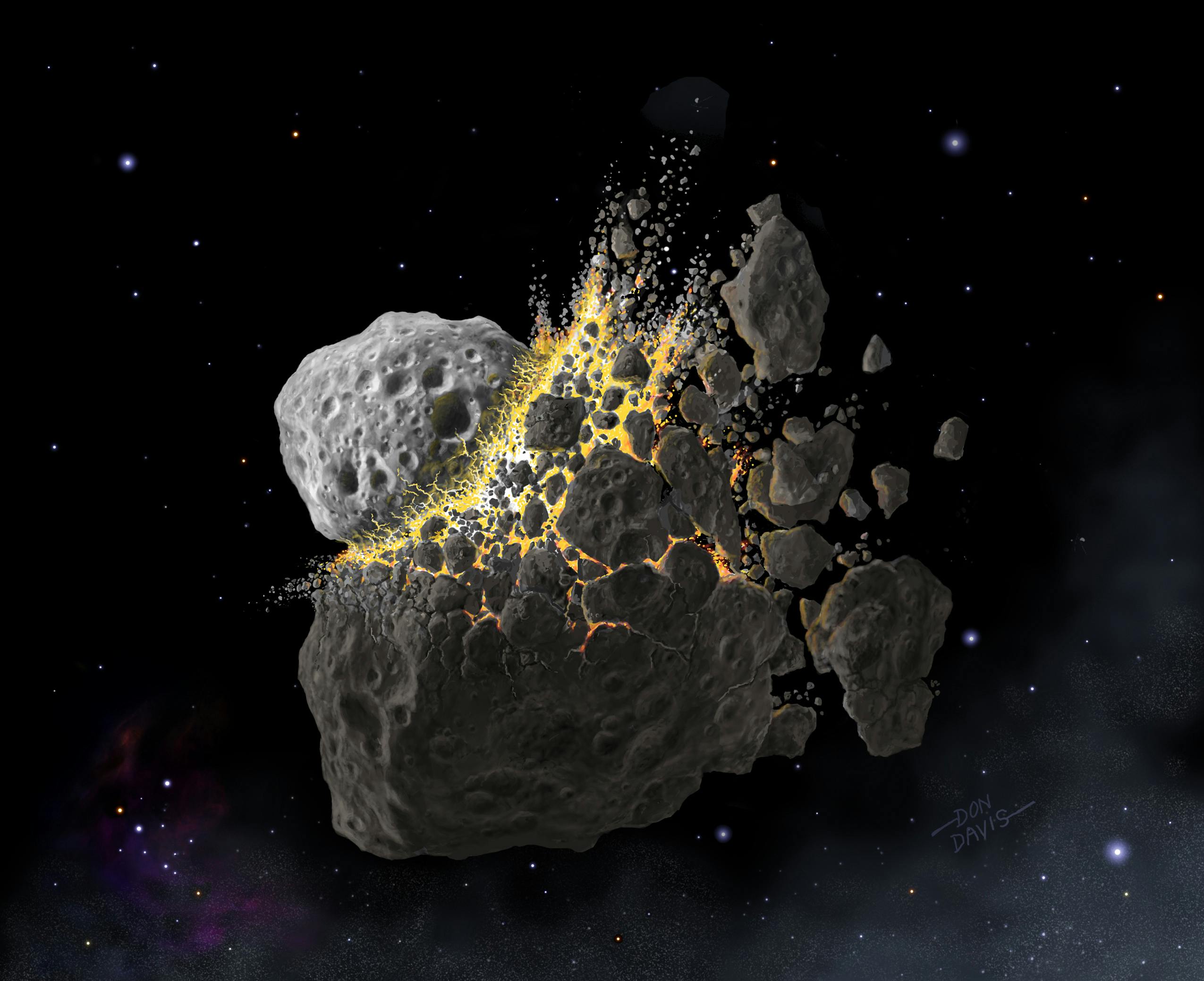 Artist’s rendering of the space collision 466 million years ago that gave rise to many of the meteorites falling today. 
Image © Don Davis, Southwest Research Institute.