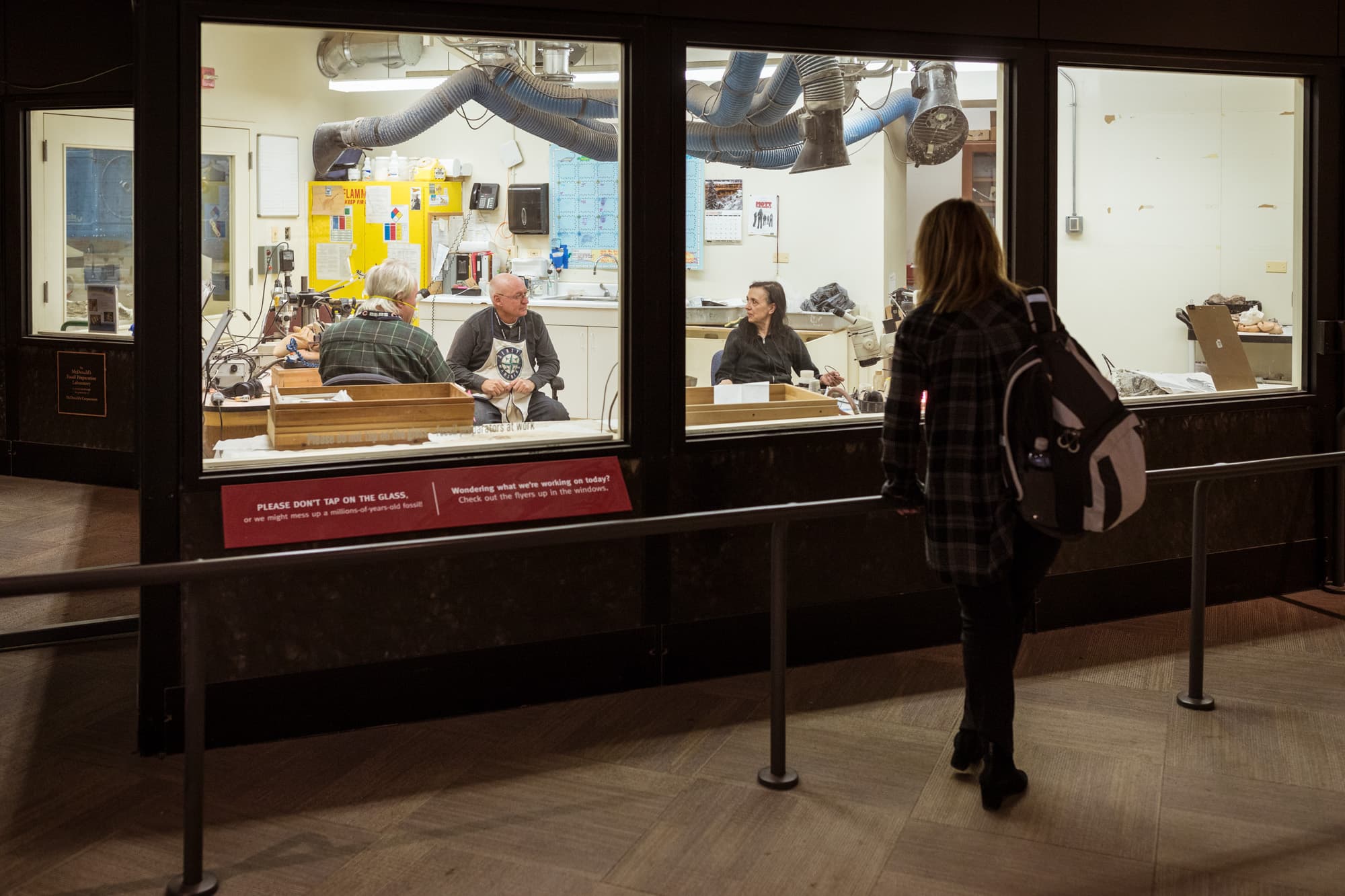 A visitor looks into the McDonald's Fossil Lab. Inside are three preparators, scientific equipment, wooden trays, and a prominent exhaust system with tubes that extend down from the ceiling.