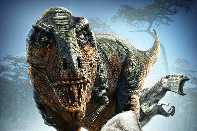 This digitally illustrated movie poster is a collage of dinosaurs. A T. rex is the largest, taking up a majority of the vertical poster. Faded trees are i