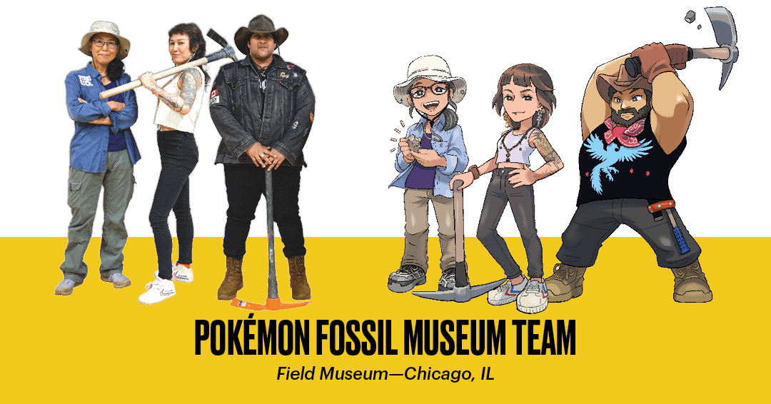 Three museum scientists along side their look-a-like drawings.
