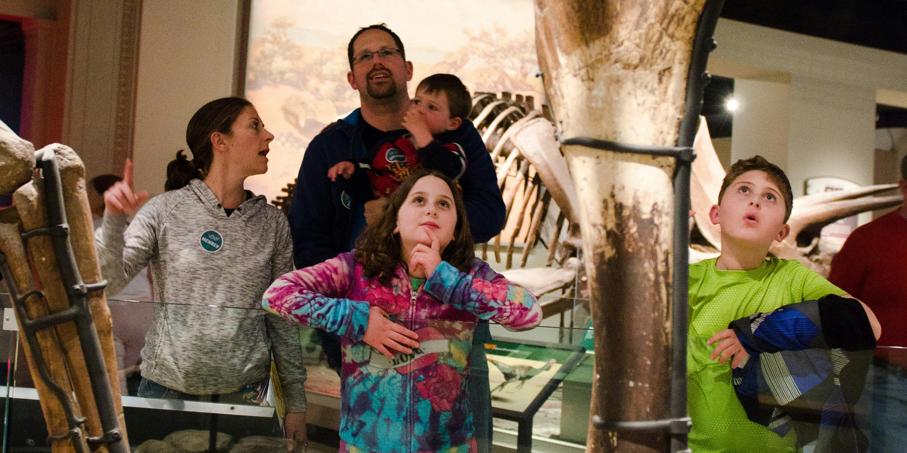 A family looks at dinosaur fossils in the Evolving Planet exhibition