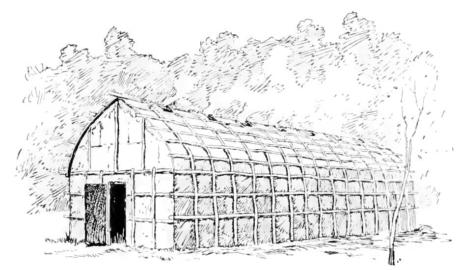 Illustration of a long house with wood beams