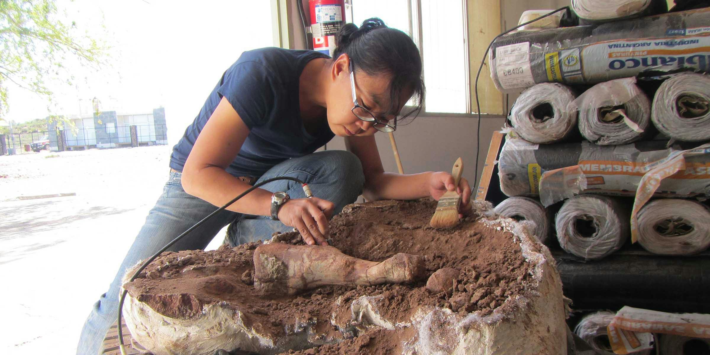A woman holding an electric hand tool and a painter's brush, leaning over a large mass of dirt with bones protruding from it