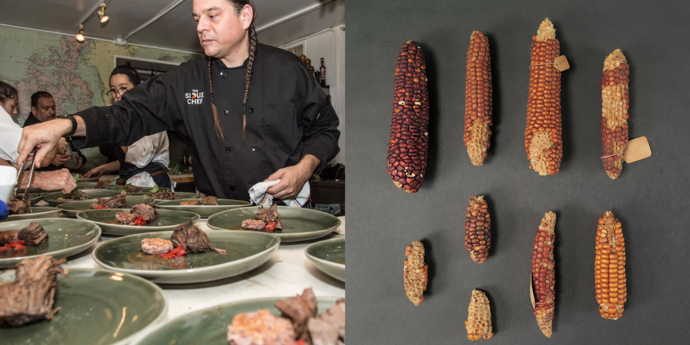 Two images, one of a man with braids in a chef's coat plating several identical dishes; and several cobs of corn of different colors laid out flat. Sean Sherman by Rina Oh for the James Beard Foundation. Corn cobs from Cottonwood Canyon, Utah, in the Museum's collection.