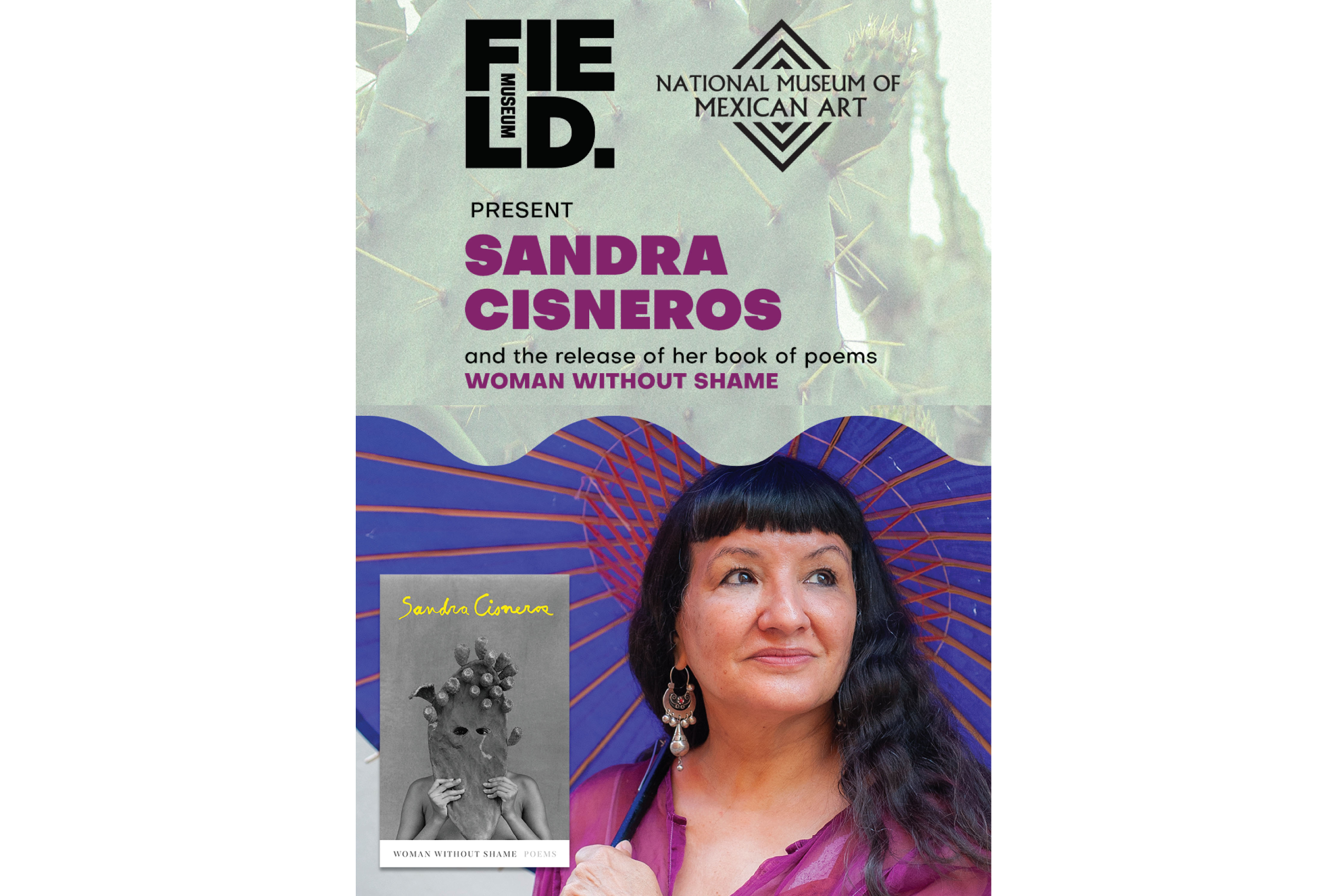 Event flyer with sponsor and museum logos on the top and a photo of the author on the bottom right. An image of her book cover is next to her.