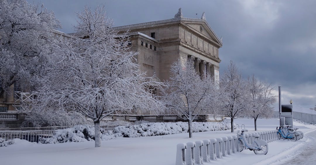 The south side of the Field Museum, with snow covering trees and bikes that are in the foreground