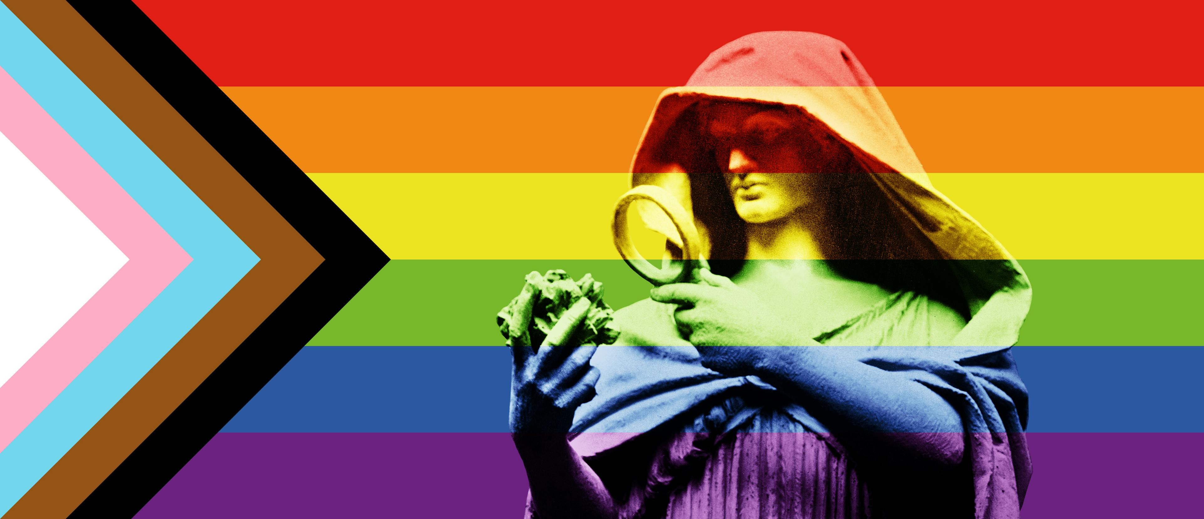 Progressive pride flag superimposed over and image of the Research Muse statue the is found in the Museum's Stanley Field Hall.
